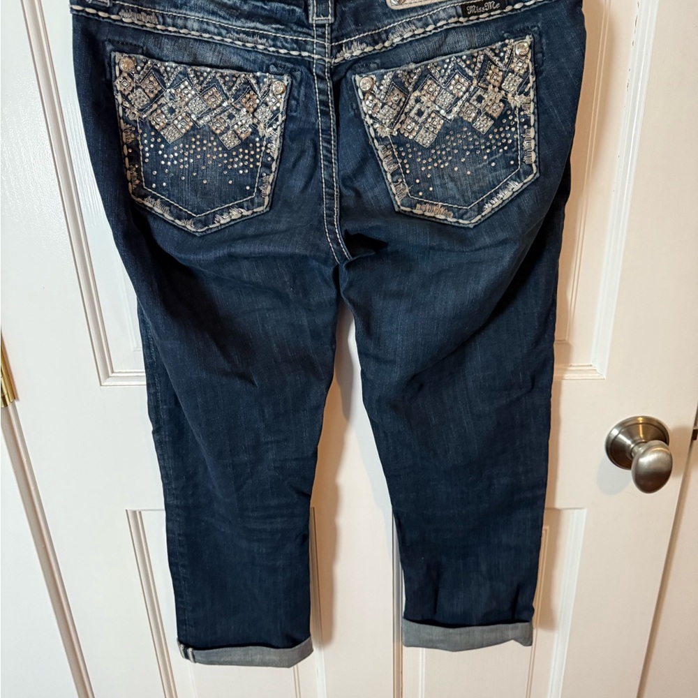 Miss Me Dark Blue Cropped Jeans with Embellished Pockets